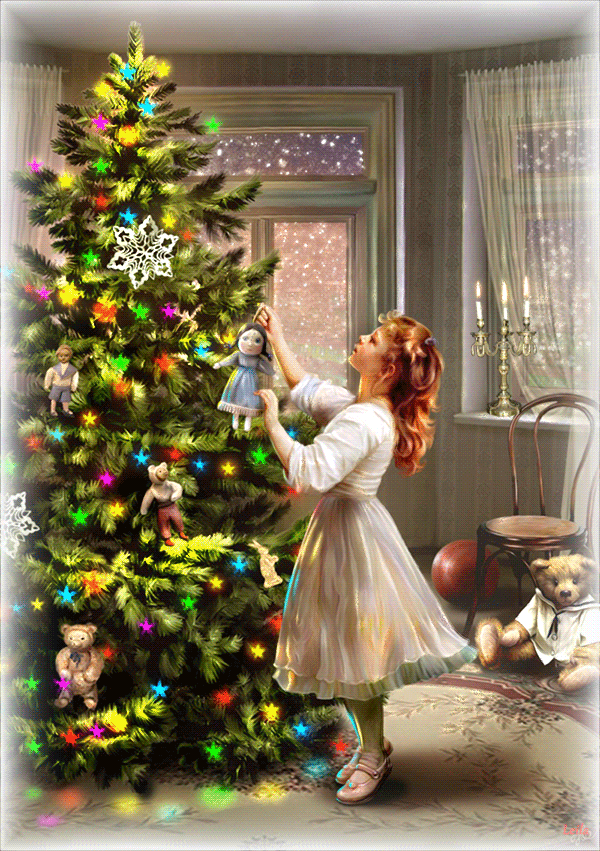 Девочка украшает новогоднюю елку - скачать бесплатно на otkrytkivsem.ru